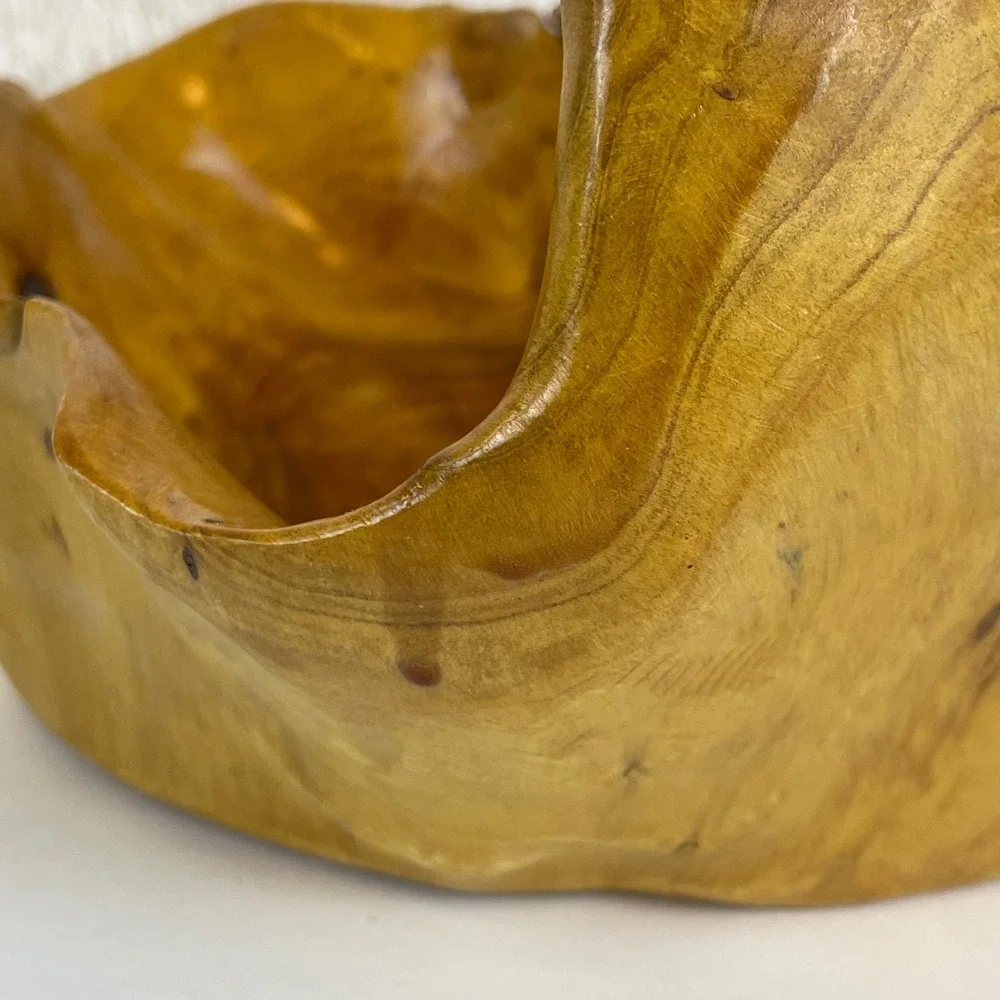 MCM Artisan Vintage Hand Carved Live Edge Burl Wood Basket Rustic Fruit Bowl